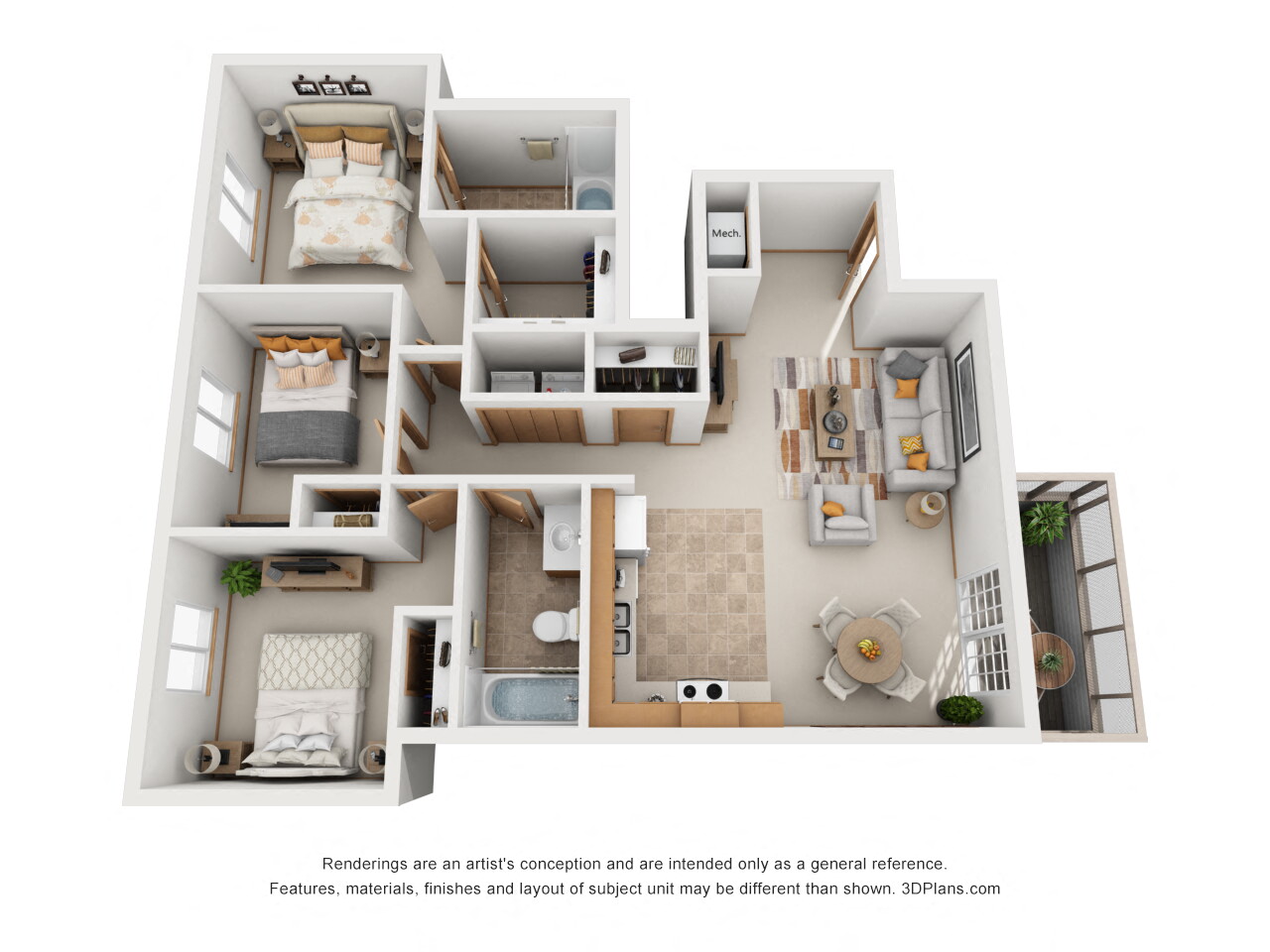 Floor plan for 3 beds, 2 baths, 1185 sqft